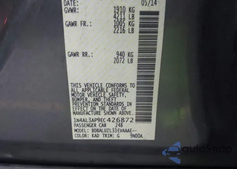 2014 Nissan Altima 2.5 Sv z USA, uszkodzony, nr VIN 1N4AL3AP9EC426872